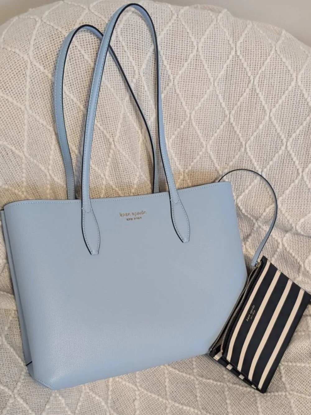 Kate Spade All Day Large Tote Bag Blue New Leather Carryall - Picture 2 of 6